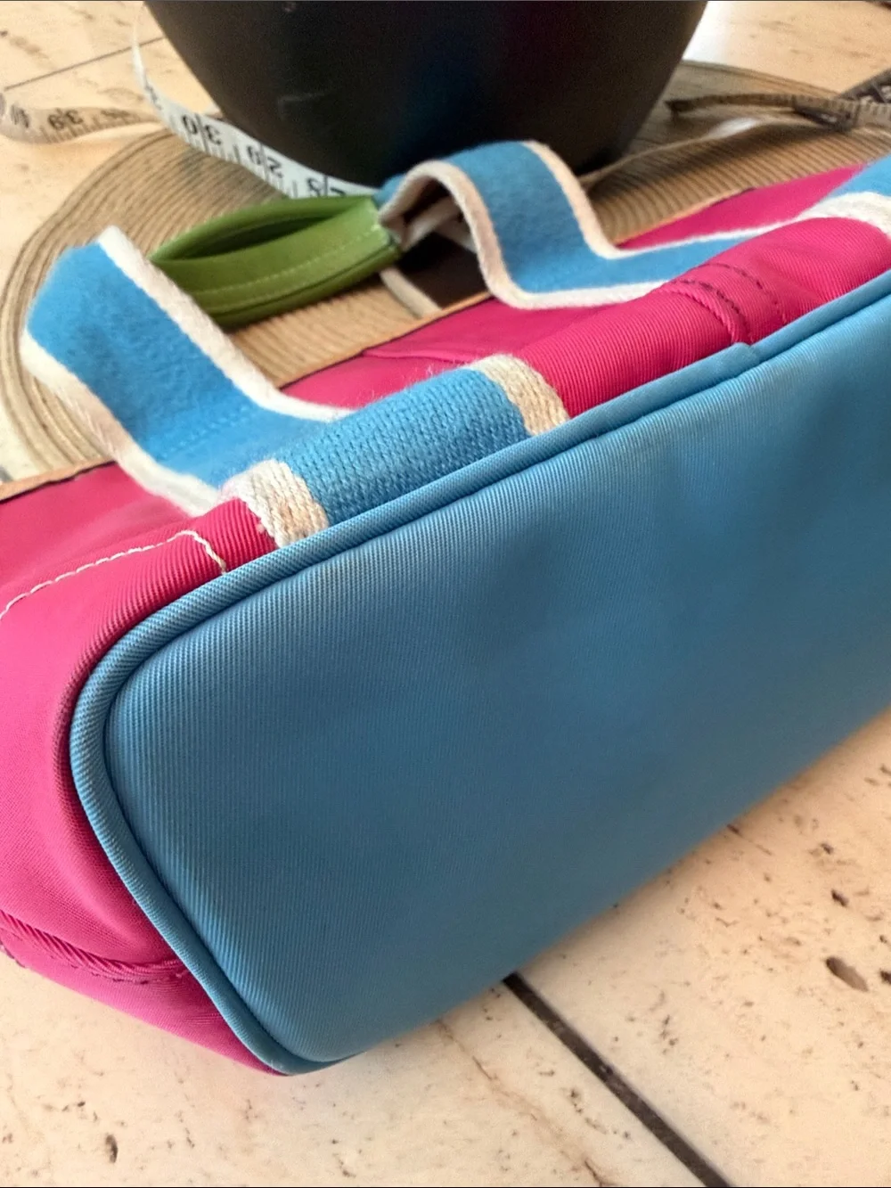 Coach Vintage Leatherware 2005 Pink and Blue Nylon Tote with Green Trim Retail